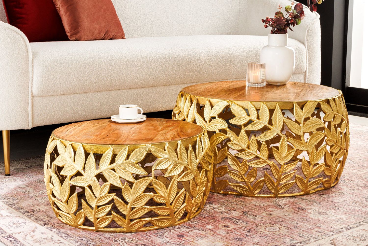 Table basse ABSTRACT LEAF 54-68cm, lot de 2, dorée avec plateaux en bois d'acacia - 43818