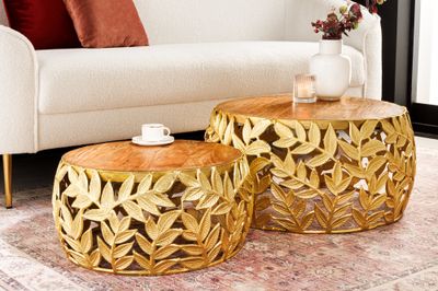 Table basse ABSTRACT LEAF 54-68cm, lot de 2, dorée avec plateaux en bois d'acacia - 43818