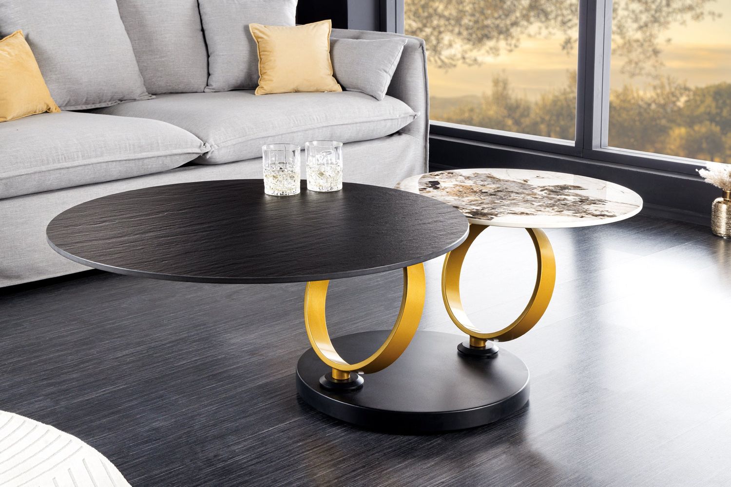Table basse DANCING RINGS 80-135cm pivotante en céramique noire et aspect pierre naturelle - 44317