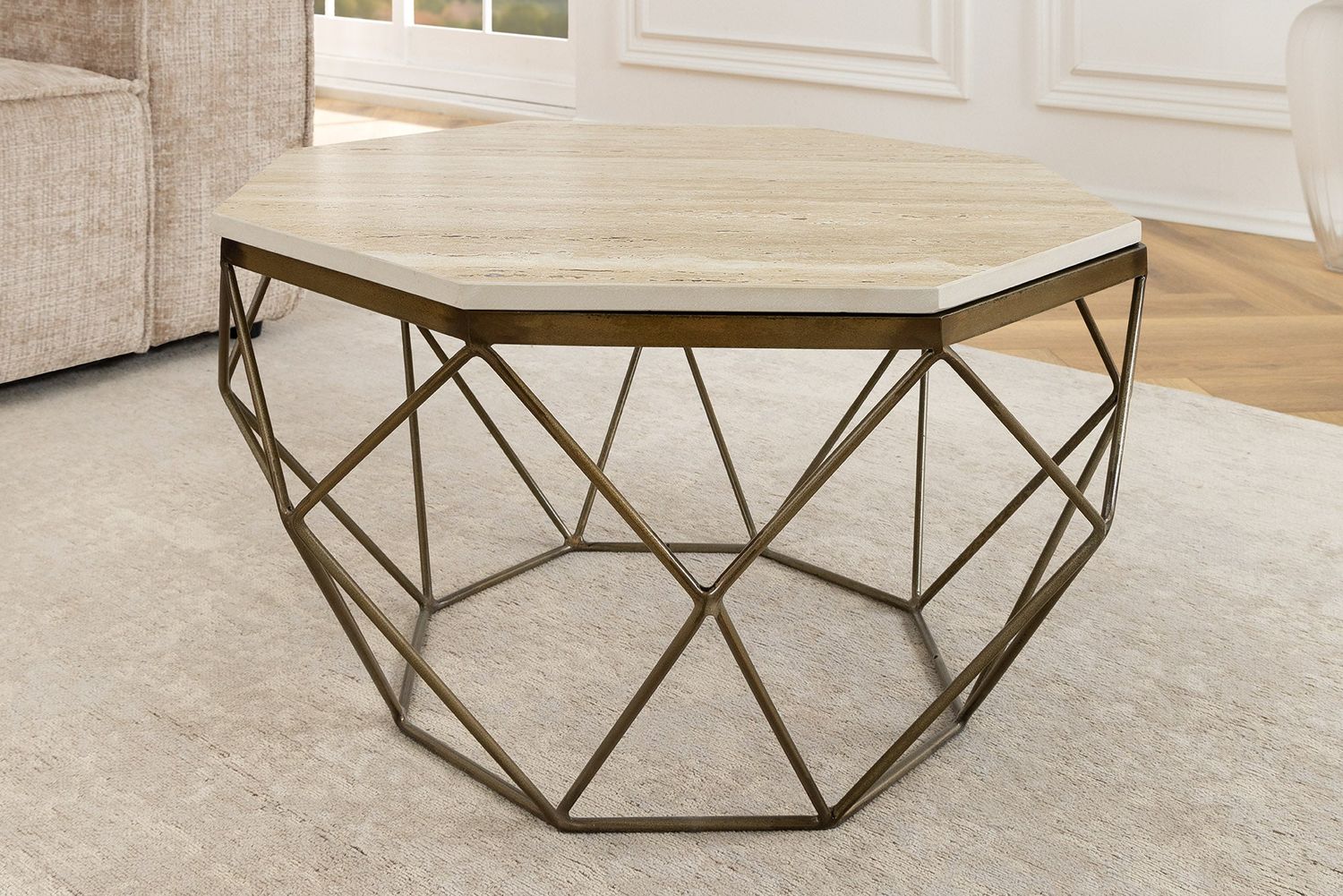 Table basse DIAMOND 70cm, étagère en fer et laiton, plateau en travertin - 45204