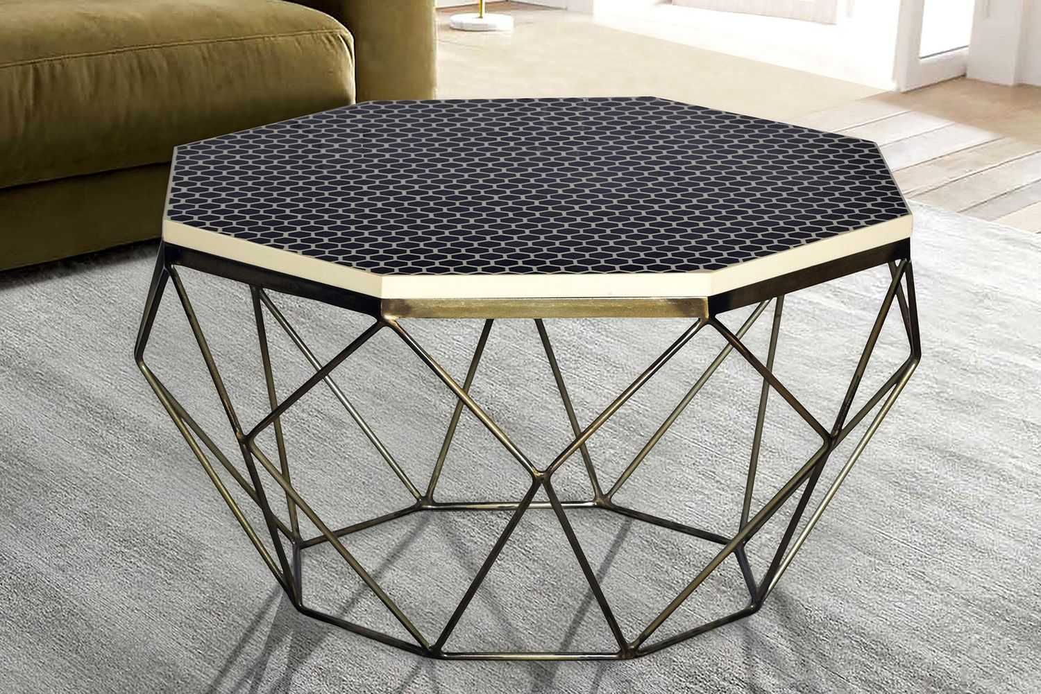 Table basse DIAMOND 70 cm, étagère en fer et laiton avec plateau noir et blanc - 45215