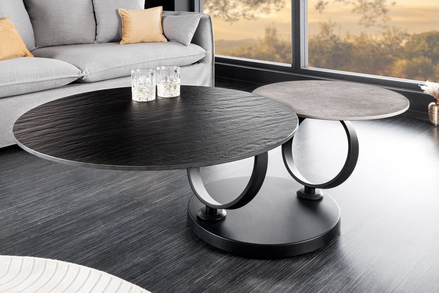 Table basse DANCING RINGS 80-135cm pivotante en céramique noire et grise - 44316