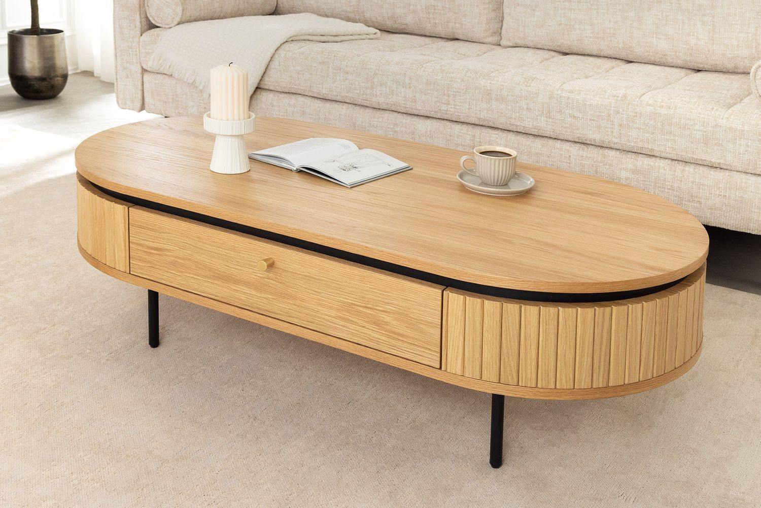 Table basse ATELIER 120 cm aspect chêne naturel avec pieds noirs - 47457