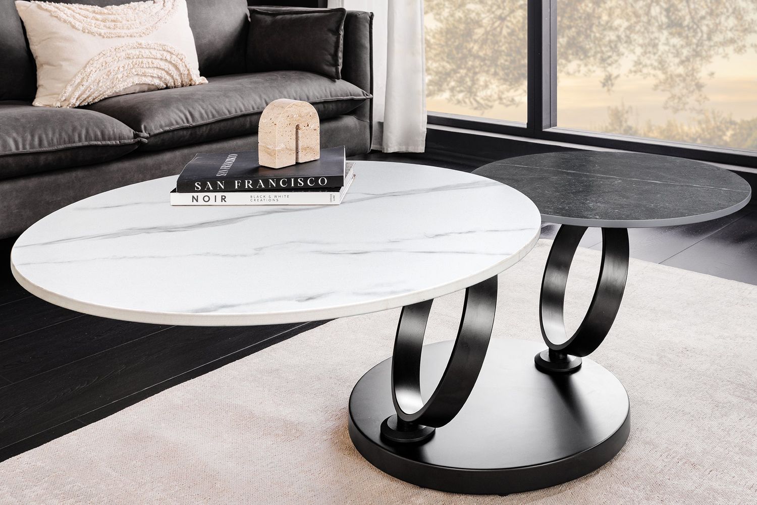 Table basse DANCING RINGS 80-135cm plateau en céramique pivotant aspect marbre blanc et anthracite - 46317
