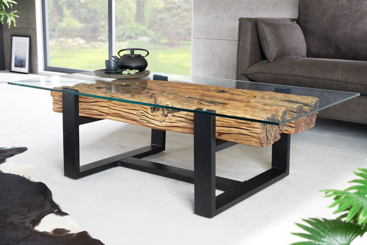 Table basse BARRACUDA 130 cm en teck recyclé avec plateau en verre trempé - 43344