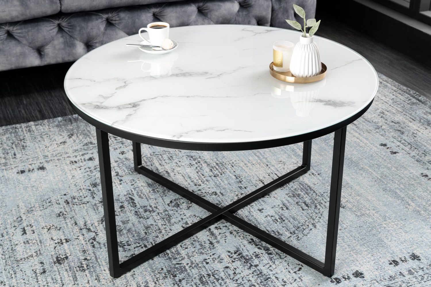 Table basse ELEGANCE 80 cm aspect marbre blanc pieds noirs - 42159