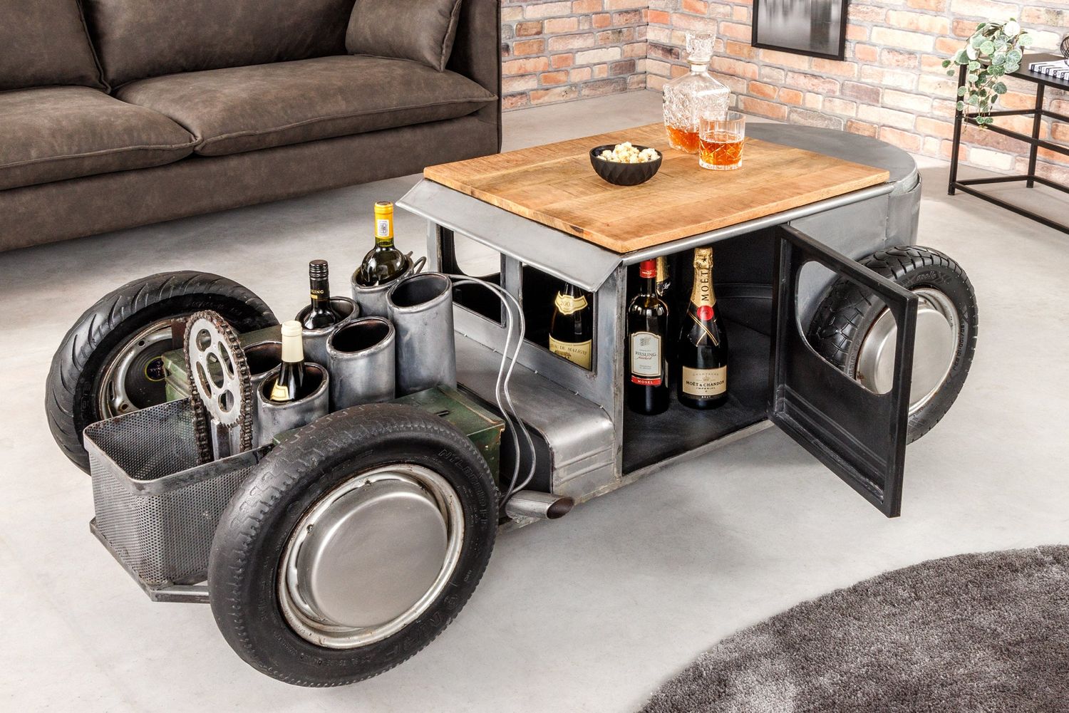 Table basse HOT ROD 165cm en tôle d'acier et plateau en bois de manguier - 43602