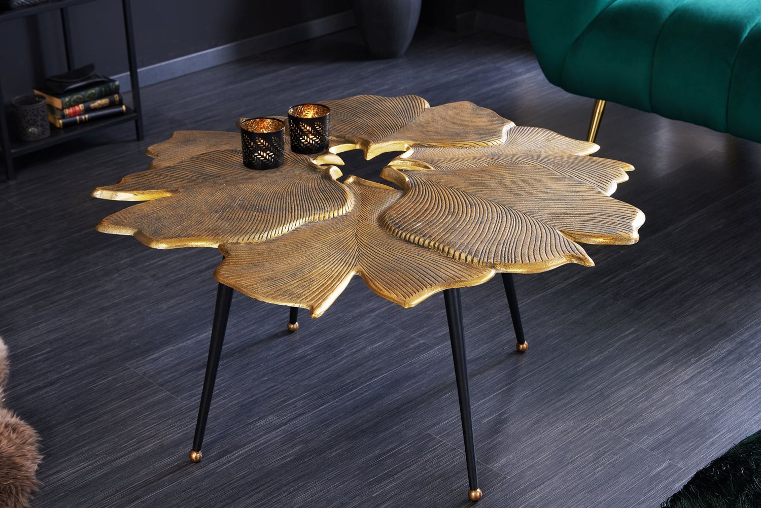 Table basse GINKGO LEAVES 95cm dorée avec pieds noirs - 42033