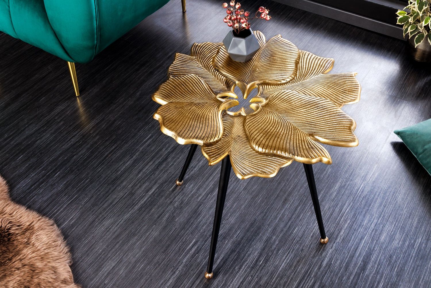 Table basse GINKGO LEAVES 55cm dorée avec pieds noirs - 42243
