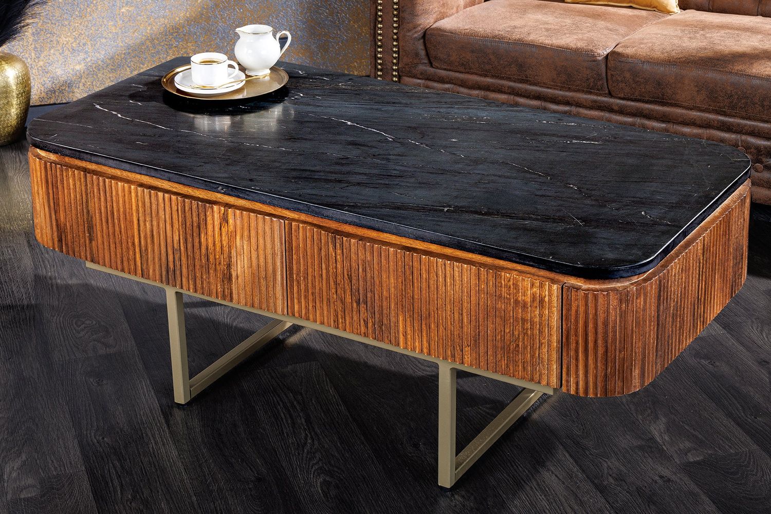 Table basse GATSBY 110 cm style rétro bois de manguier plateau en marbre doré noir - 43338