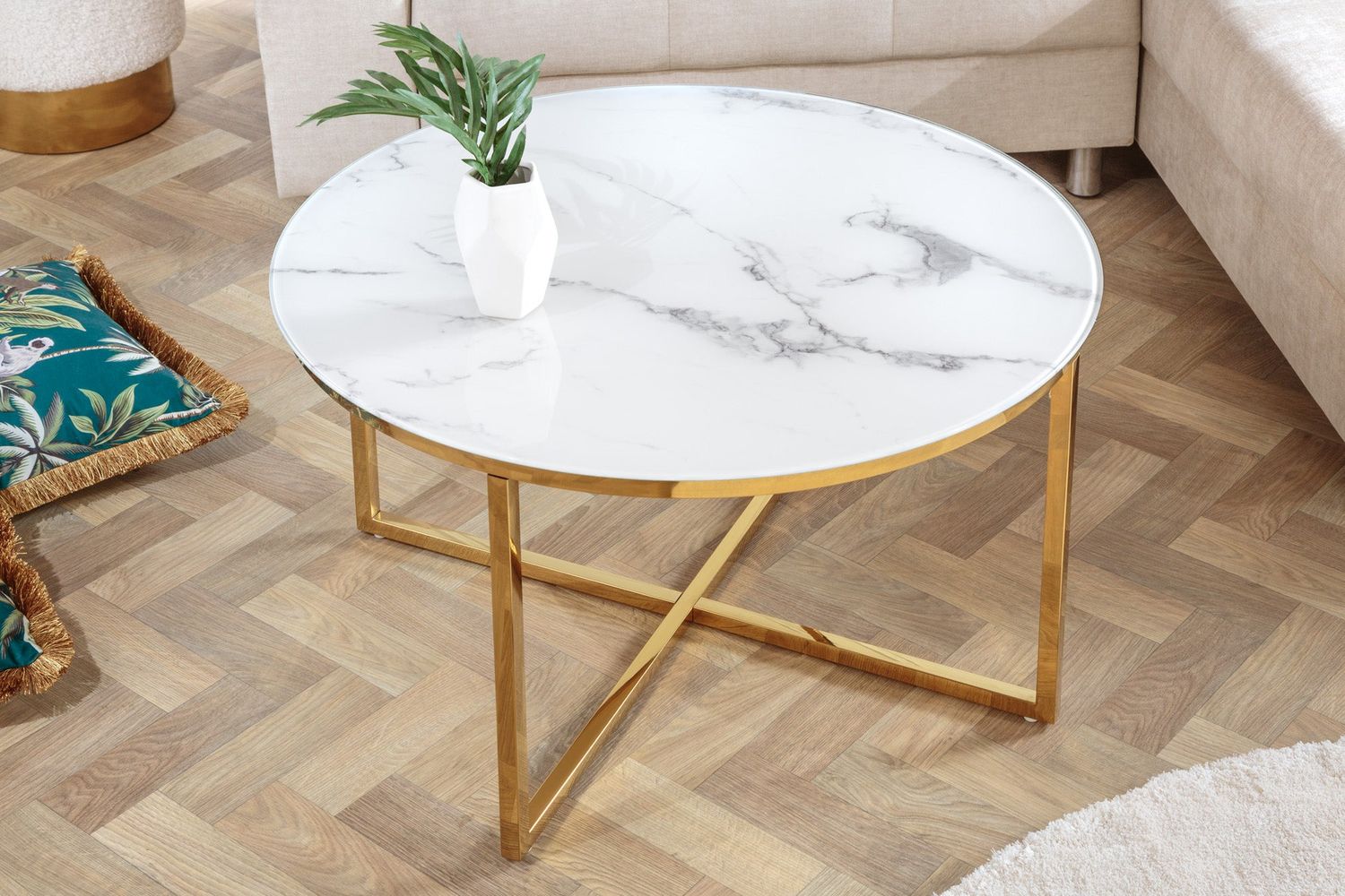 Table basse ELEGANCE 80 cm aspect marbre blanc pieds dorés - 42160
