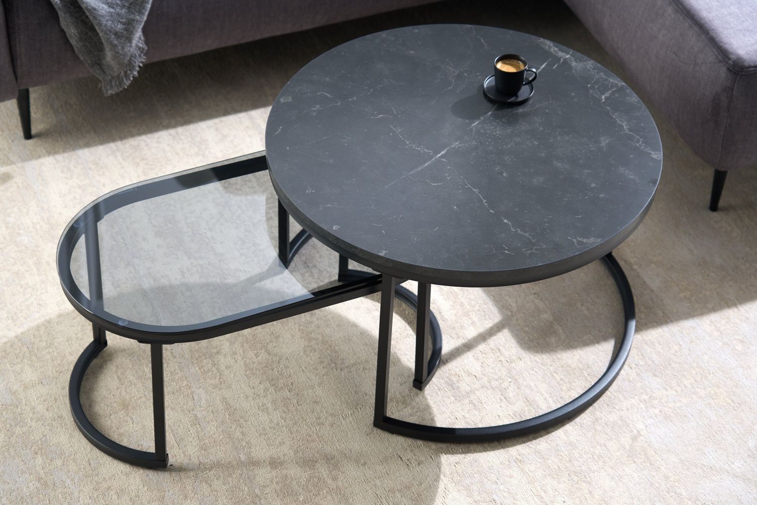 Table basse ELEGANCE 70 cm, lot de 2, aspect marbre et verre fumé noir - 43641