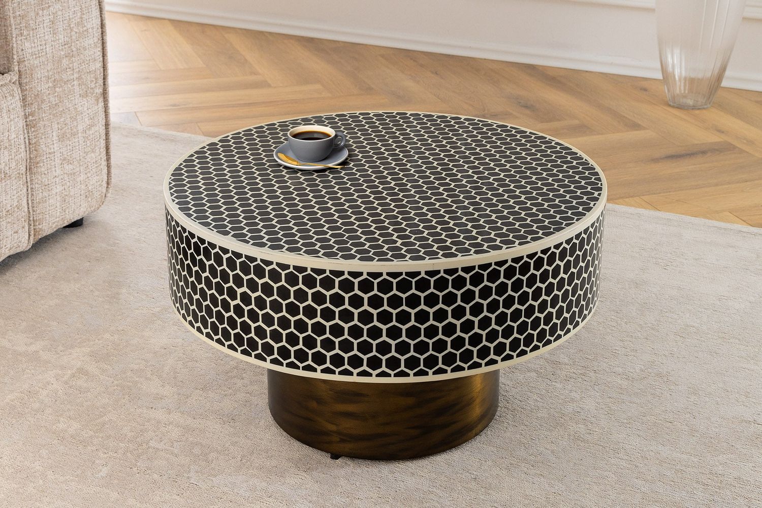 Table basse HARMONY NATURE 60 cm, structure dorée, plateau noir et blanc - 45206