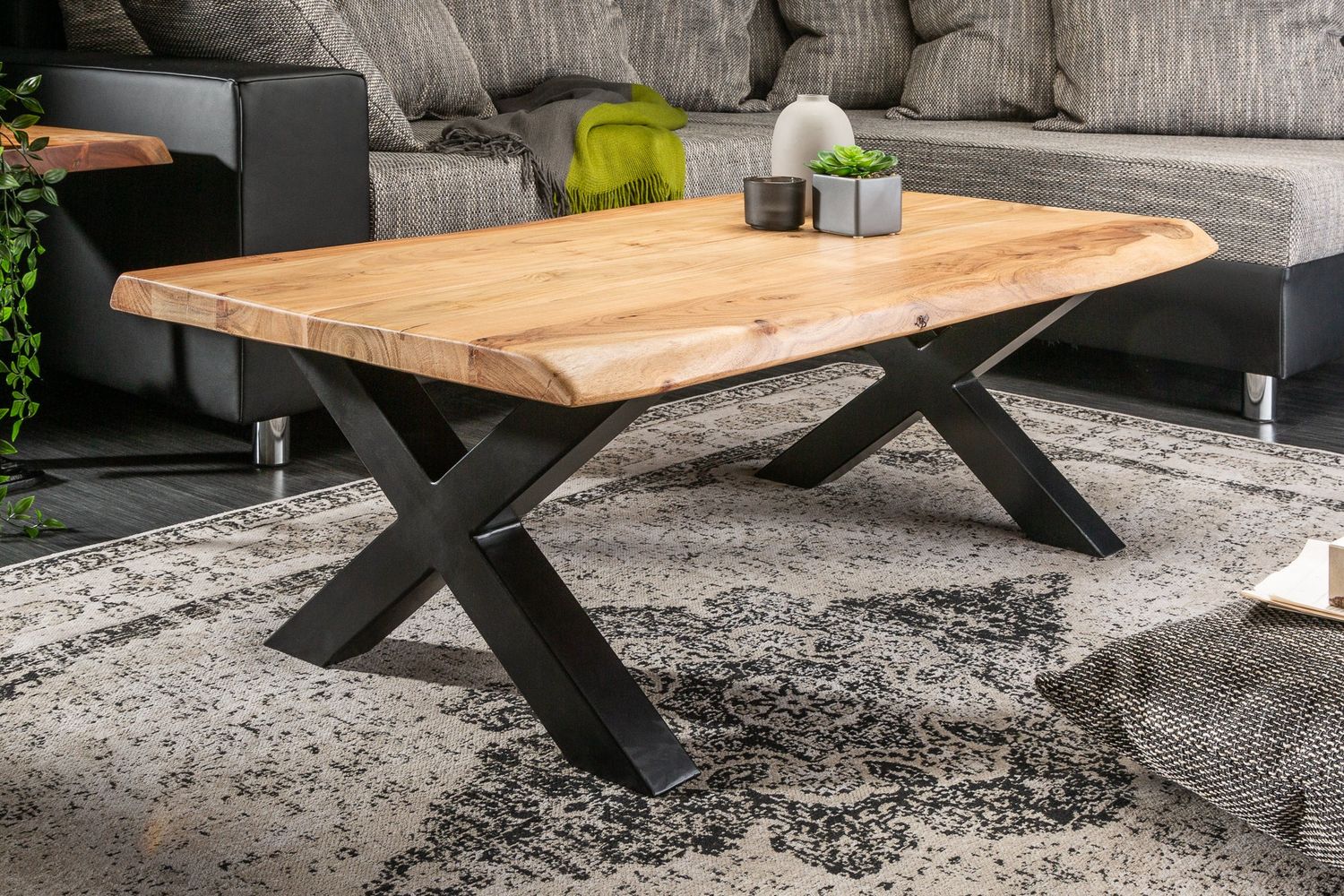 Table basse MAMMUT 110 cm, pieds en X, bois d'acacia 35 mm, finition miel - 6539739