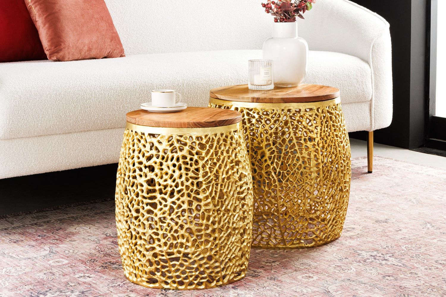 Table basse LEAF 40 cm, lot de 2, dorée avec plateau en bois d'acacia - 43225