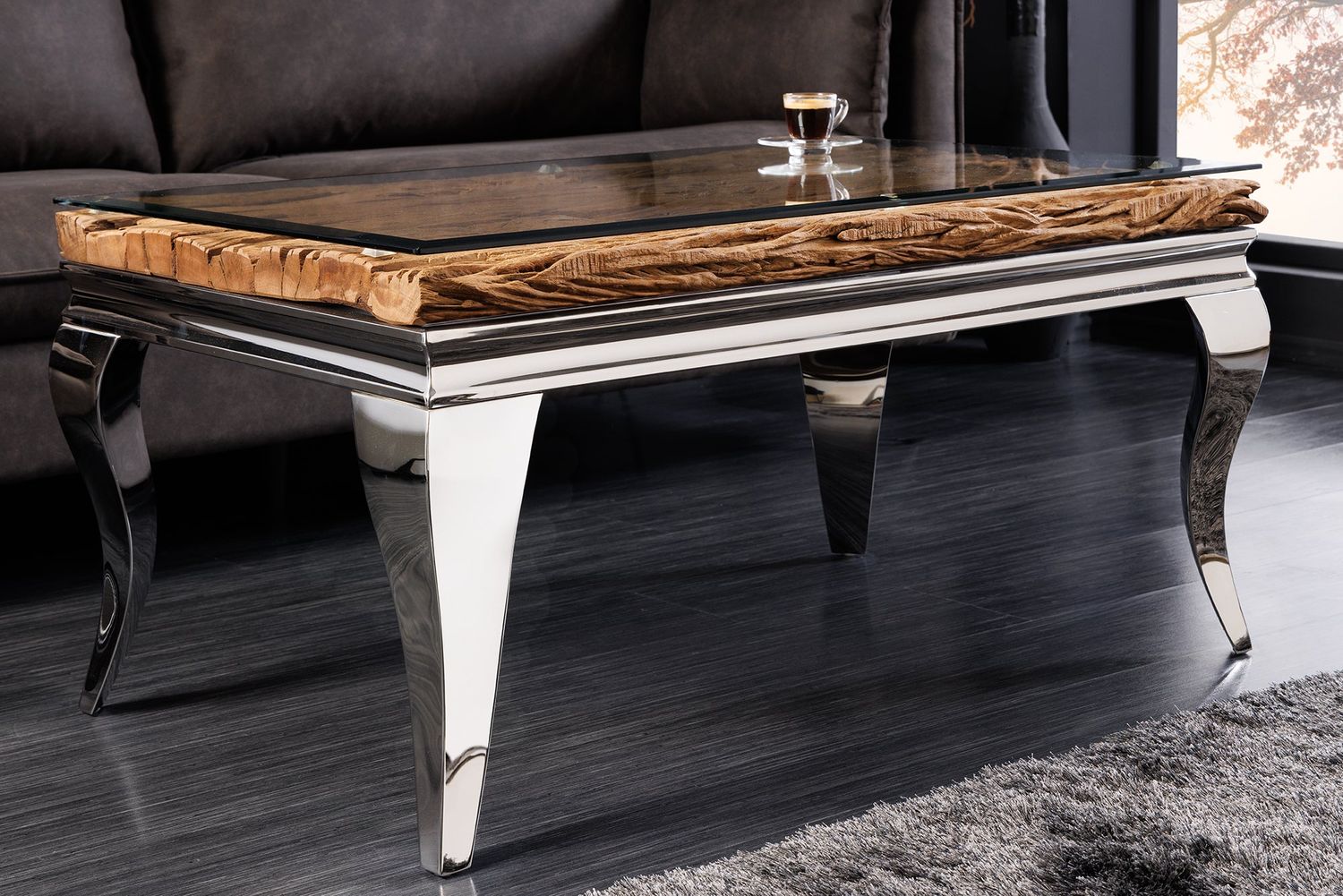 Table basse MODERN BAROCK BARRACUDA 100 cm chromée avec plateau en verre (sans plateau en teck) - 44365