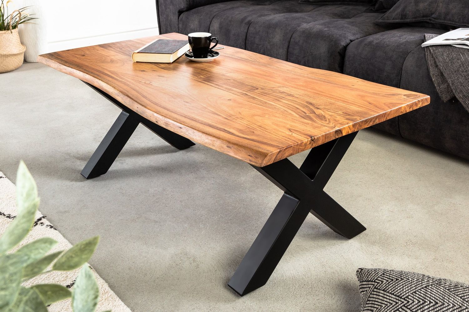 Table basse MAMMUT 120 cm, pieds en X, bois d'acacia 25 mm, finition miel - 41654