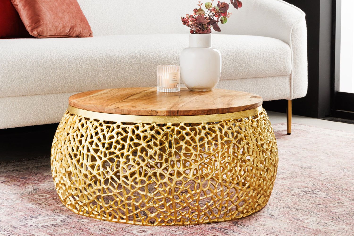 Table basse LEAF 75cm dorée avec plateau en bois d'acacia - 43228