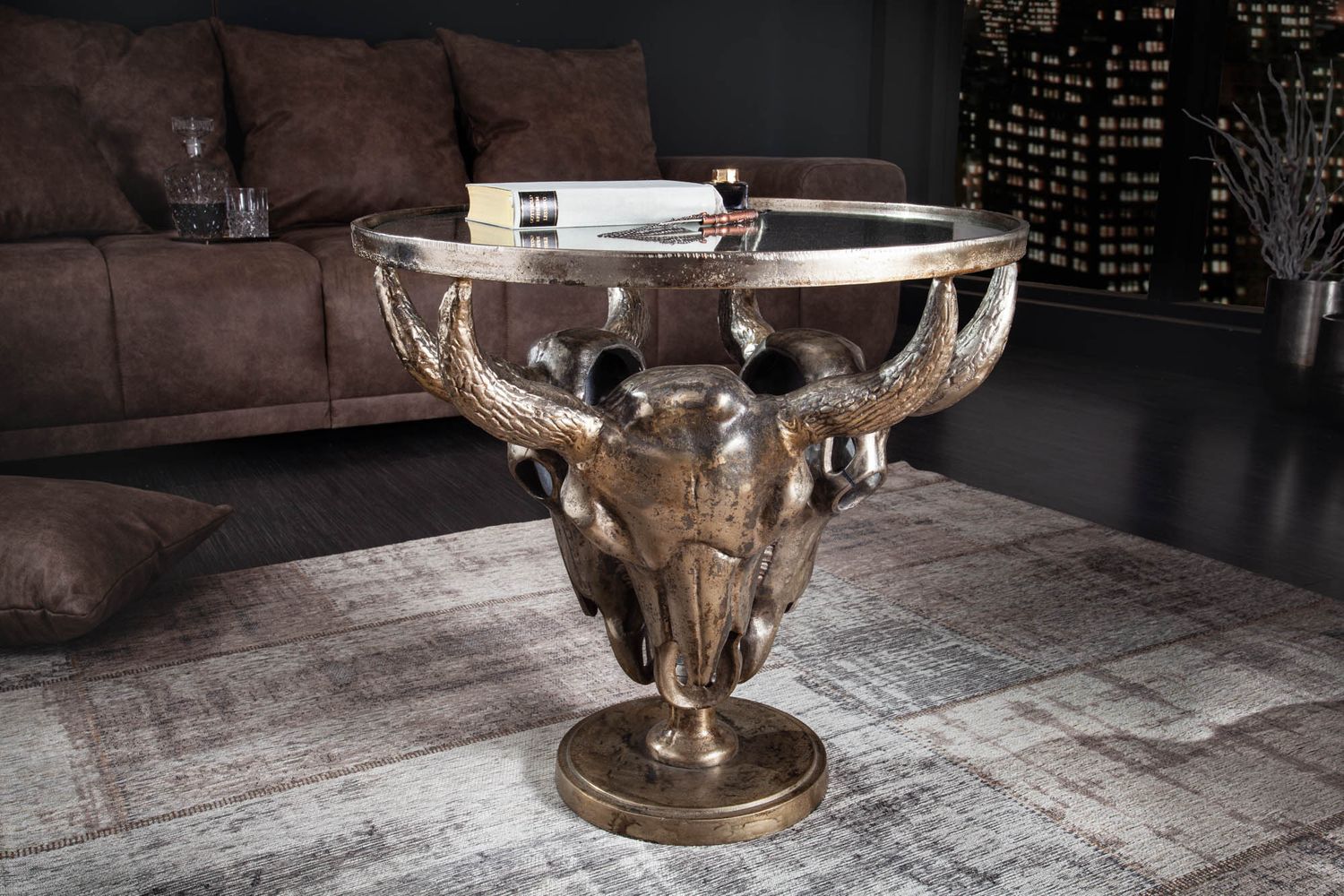 Table basse MATADOR 56cm 3 crânes bronze plateau en verre 8mm - 39881