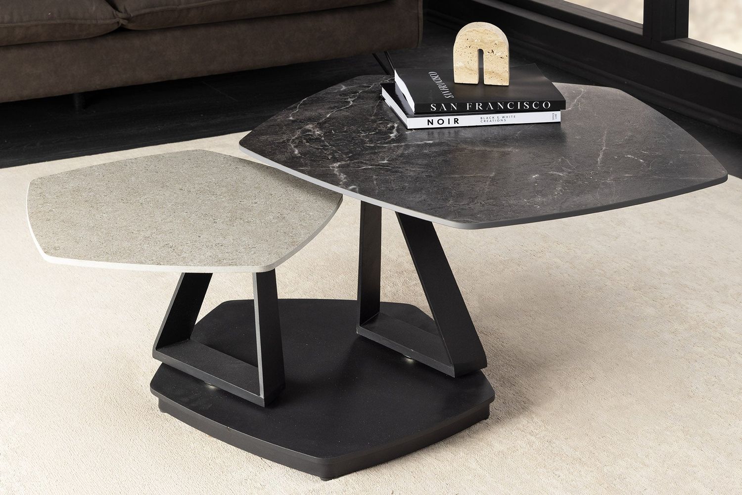 Table basse MOVEMENT 80-130cm plateau en céramique pivotant aspect marbre gris et anthracite - 46420