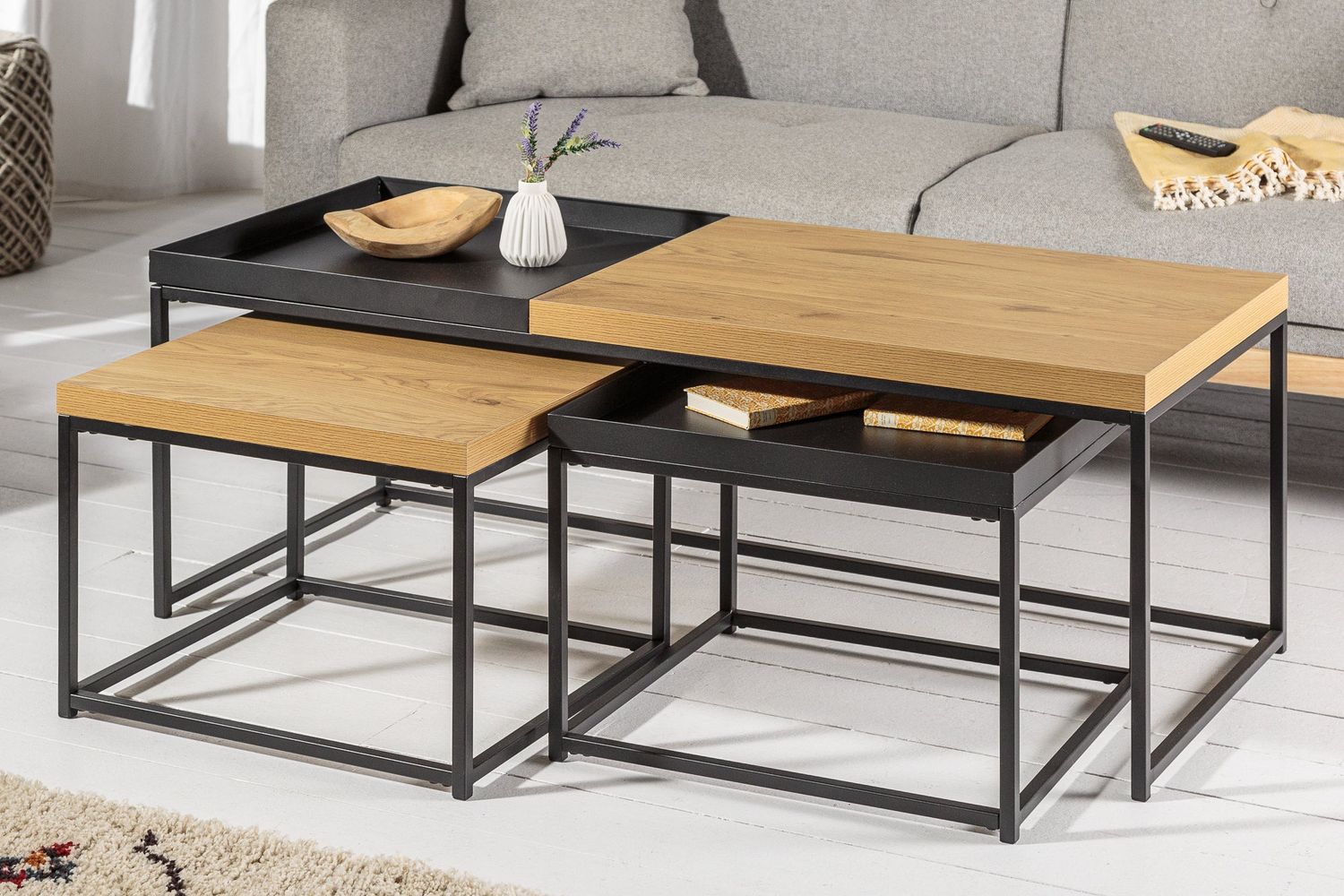 Table basse LOFT 120+50cm avec plateaux amovibles aspect chêne naturel et noir - 40623