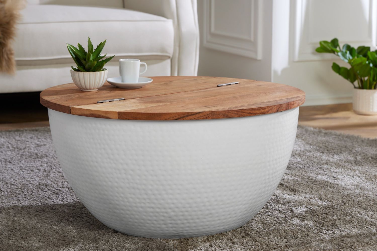 Table basse ORIENT STORAGE 60 cm, plateau en bois d'acacia à charnières, piètement blanc - 40108