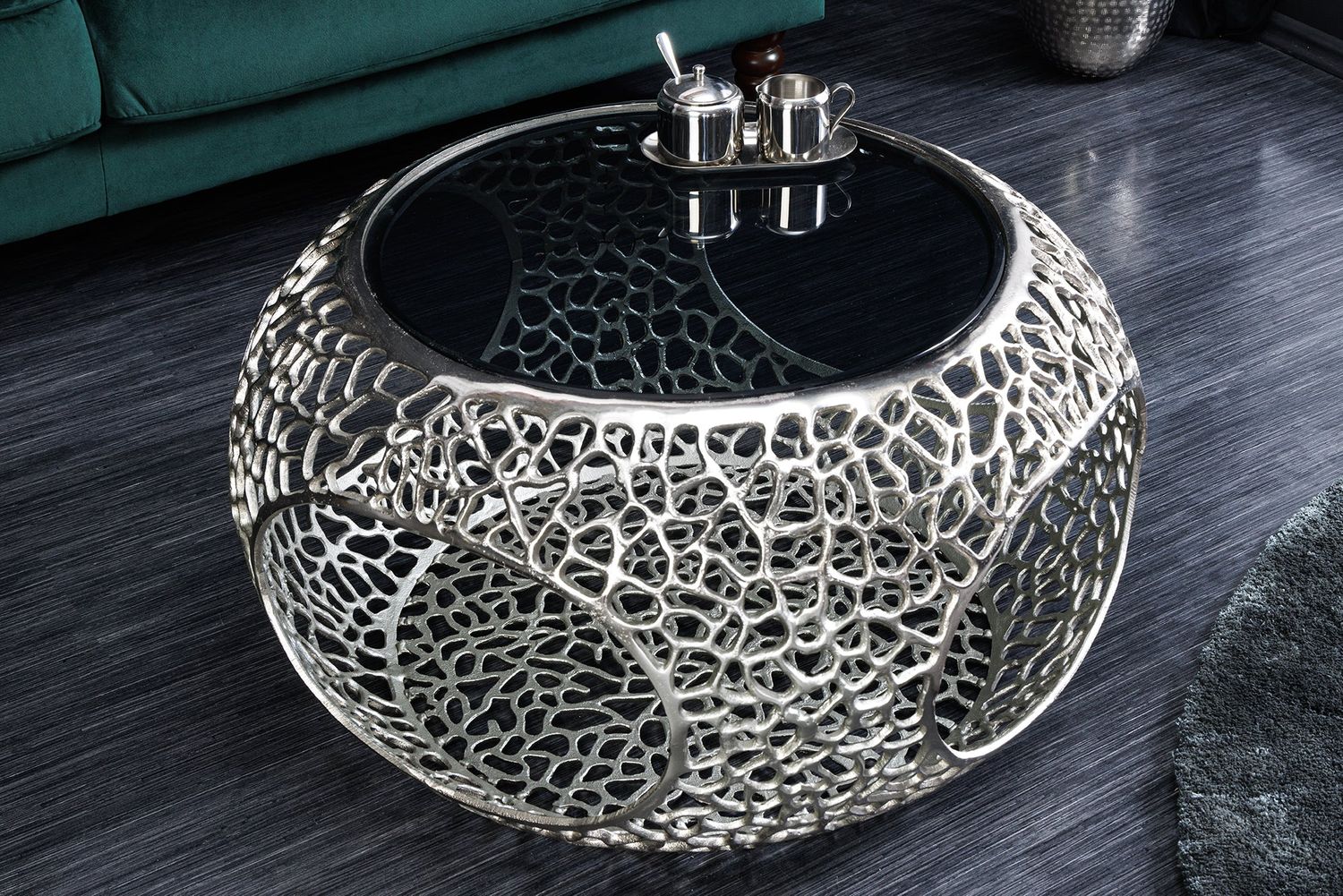 Table basse SPIN 40 cm en verre trempé noir, base argentée - 44147