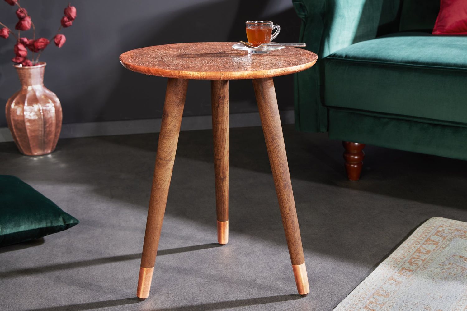 Table d'appoint ALCASAR 50 cm en bois de manguier et métal revêtu de cuivre antique - 43354