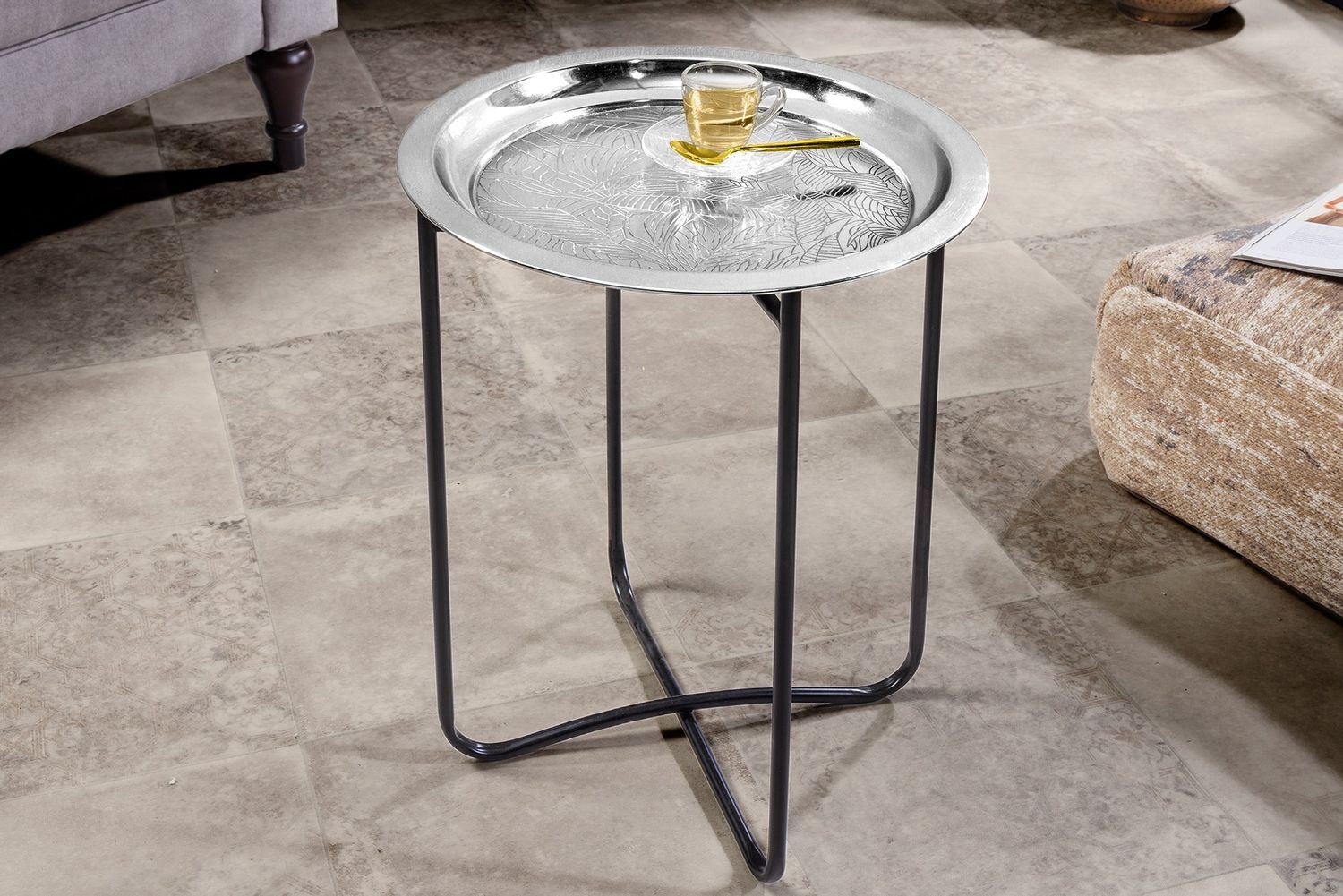 Table d'appoint CASABLANCA 50 cm, plateau amovible, finition argent antique, motif martelé - 44352