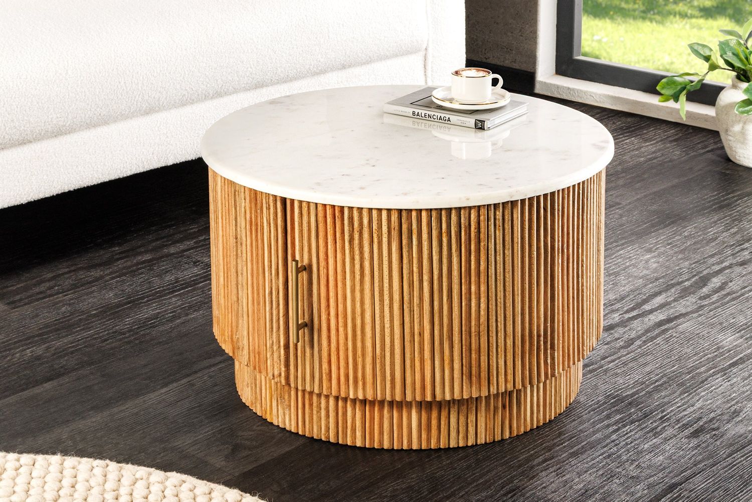 Table basse TRES CHIC Ø 60 cm ronde en bois de manguier naturel avec plateau en marbre blanc - 45753