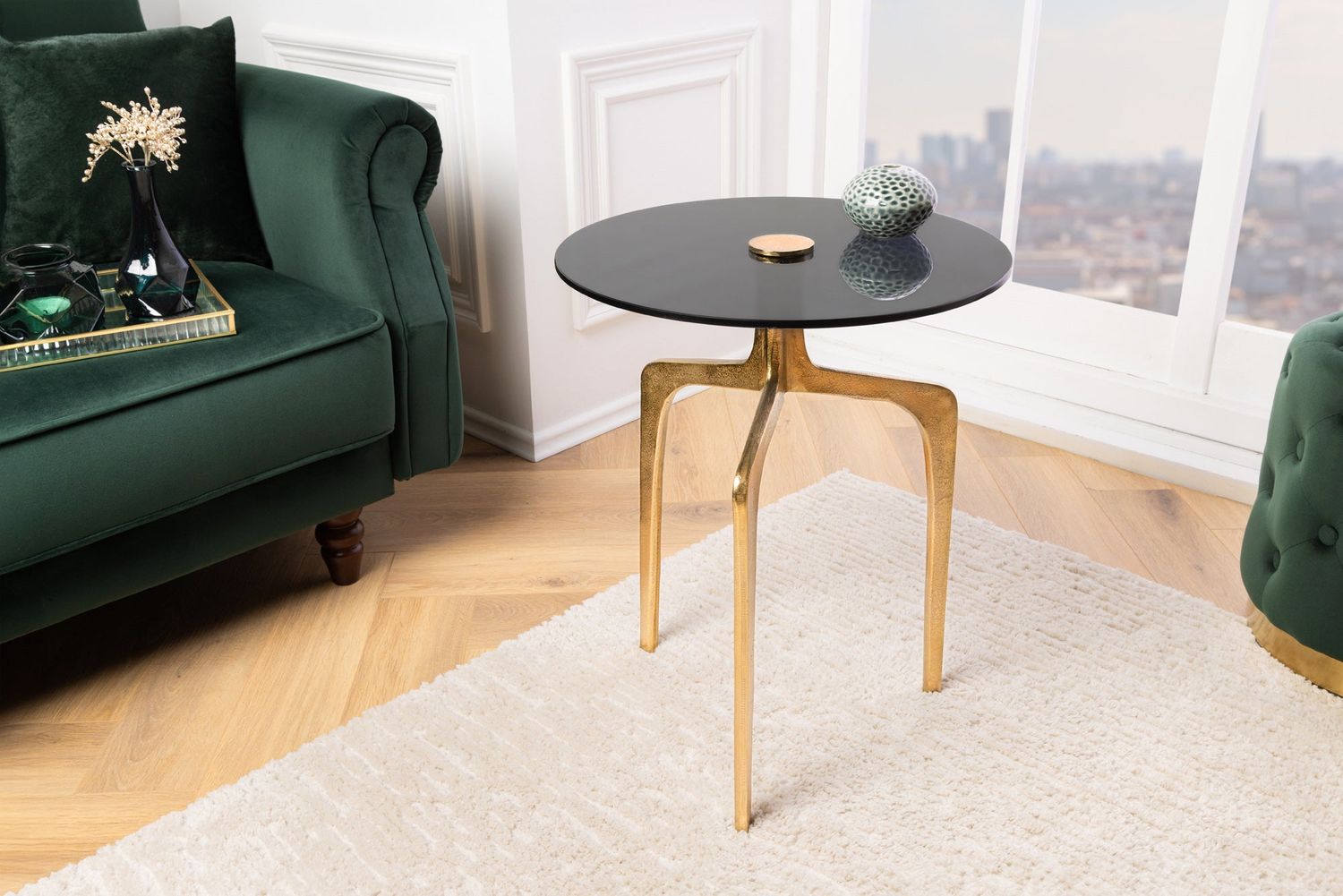 Table d'appoint ABSTRACT 55 cm, pieds en laiton et plateau en verre noir - 43495