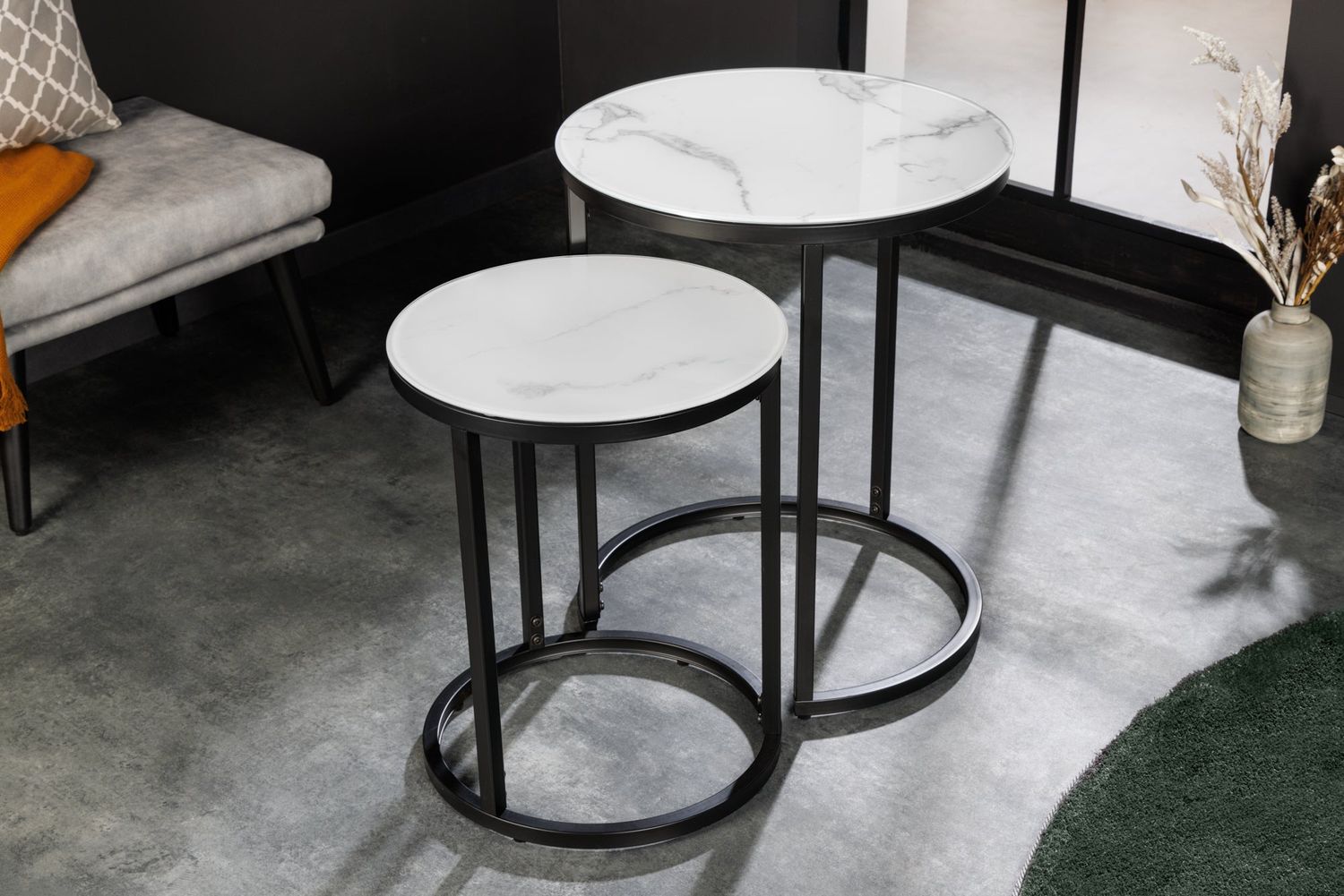 Table d'appoint ELEGANCE Ø 50-60 cm ronde, lot de 2, aspect marbre, structure blanche et noire - 42178