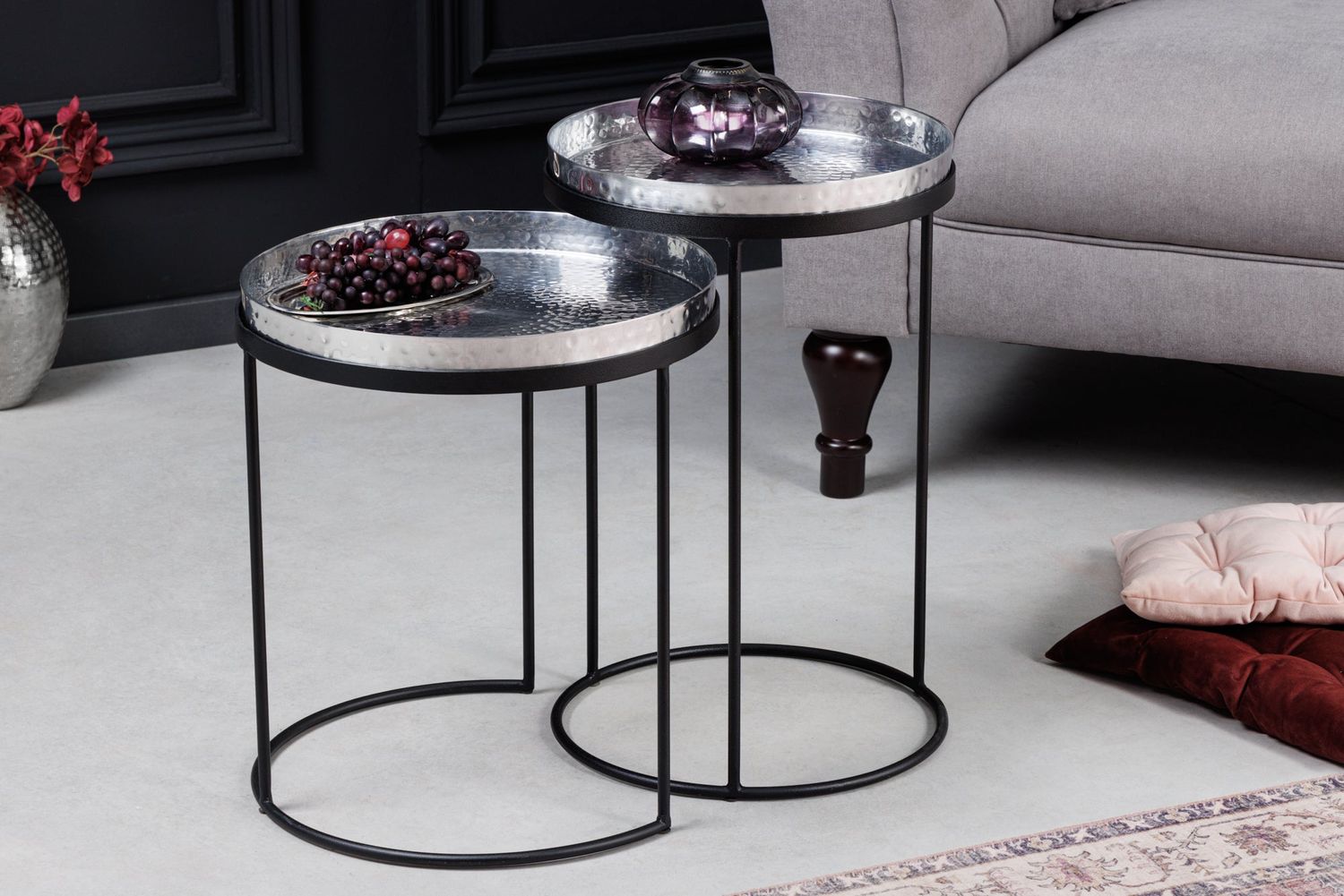 Table d'appoint ELEMENTS, ensemble de 2 plateaux amovibles, effet martelé argenté - 42727
