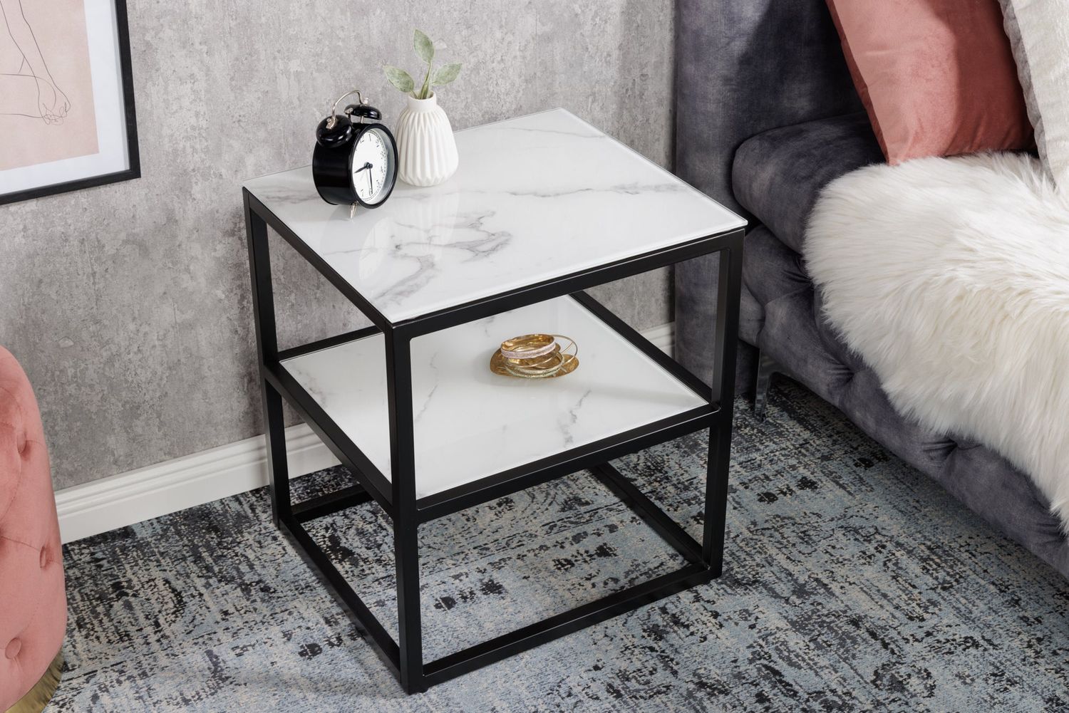 Table d'appoint ELEGANCE 50 cm aspect marbre, cadre blanc et noir - 42172