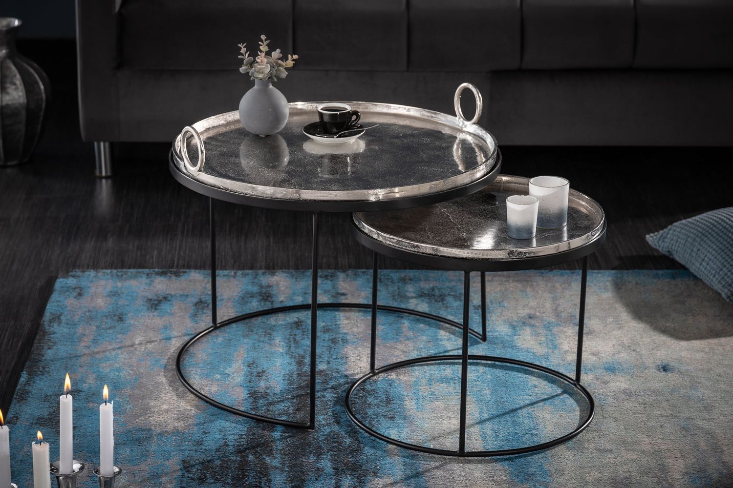 Table d'appoint ELEMENTS ORIENTAL 46-62cm, lot de 2 plateaux amovibles argentés - 40637