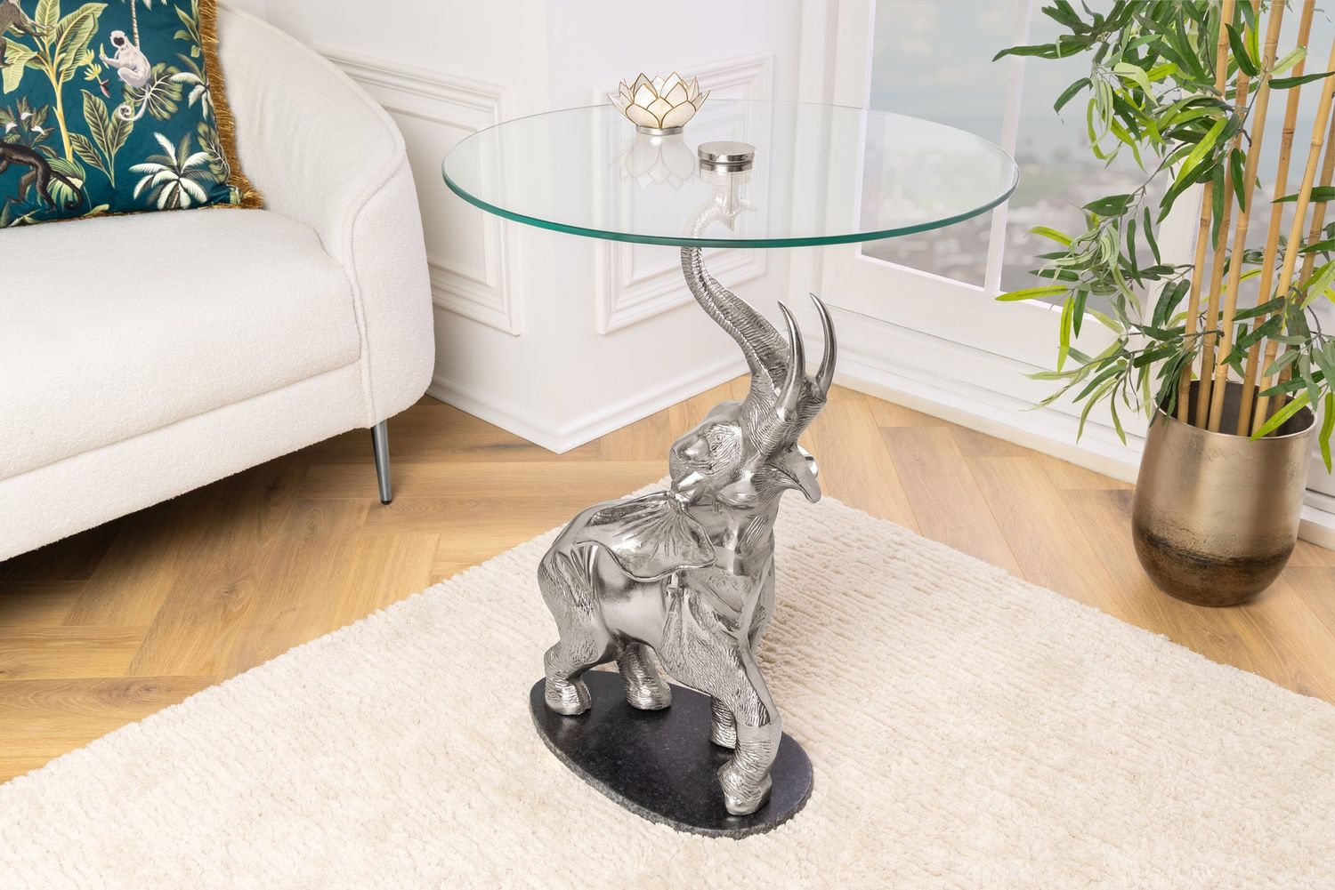 Table d'appoint ELEPHANT 80 cm argentée avec base en marbre - 43557