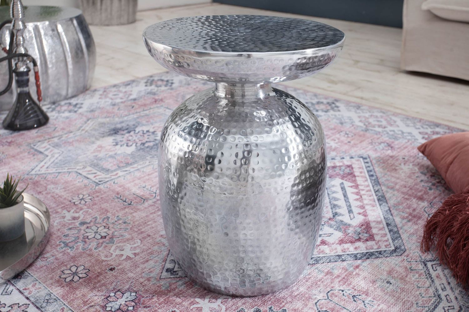Table d'appoint ORIENT 50 cm argent effet martelé - 40235