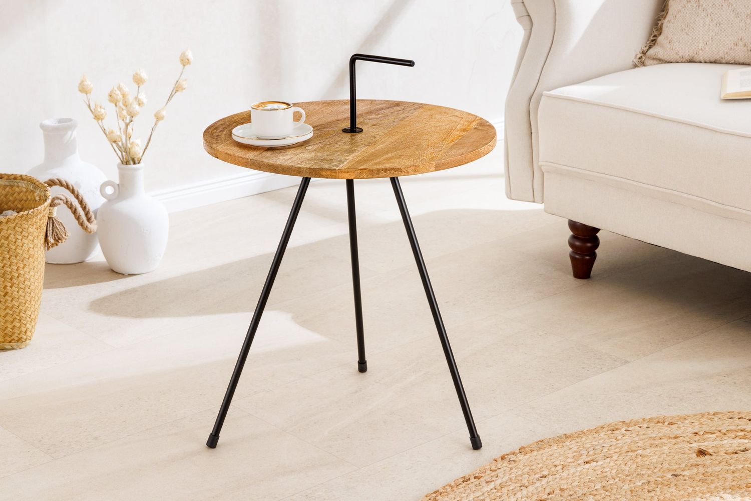 Table d'appoint SIMPLY CLEVER 60 cm en bois de manguier naturel avec poignée noire - 44349