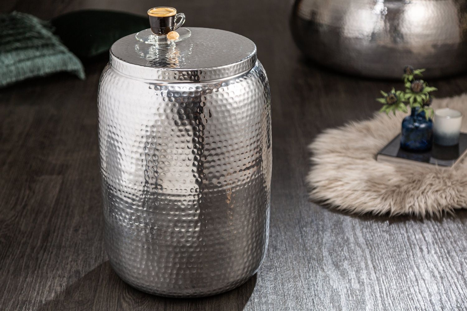 Table d'appoint ORGANIC ORIENT 50cm argent effet martelé - 40234