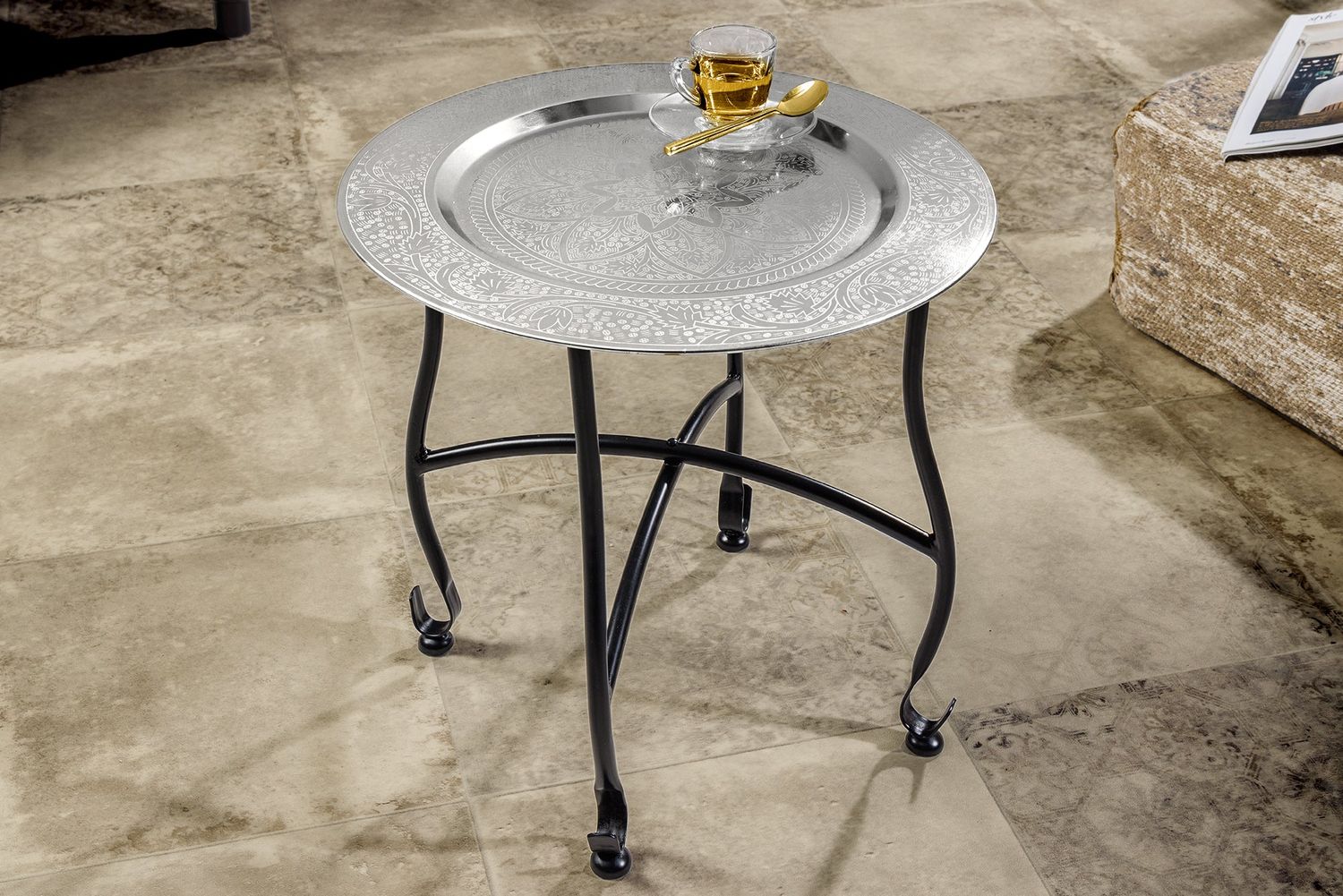 Table d'appoint MARRAKESH 40 cm, plateau amovible, motif martelé argenté - 44354