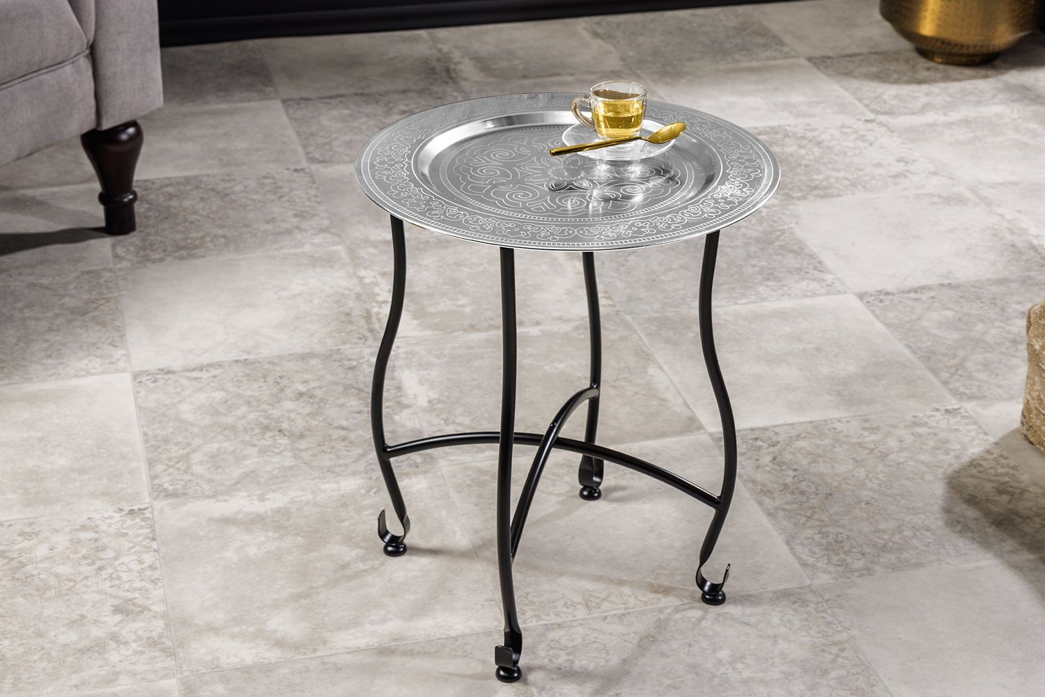 Table d'appoint MARRAKESH 50 cm, plateau amovible, motif martelé argenté - 44347
