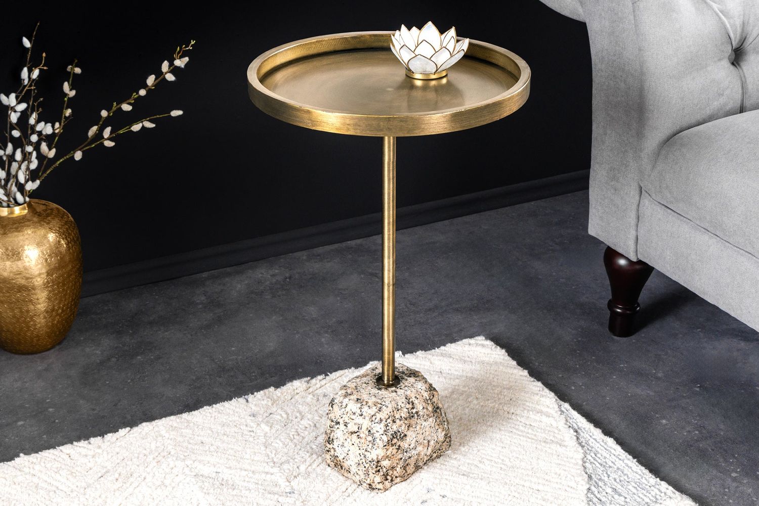 Table d'appoint TRAYFUL 60 cm, base en marbre et plateau en fer laiton antique - 44847