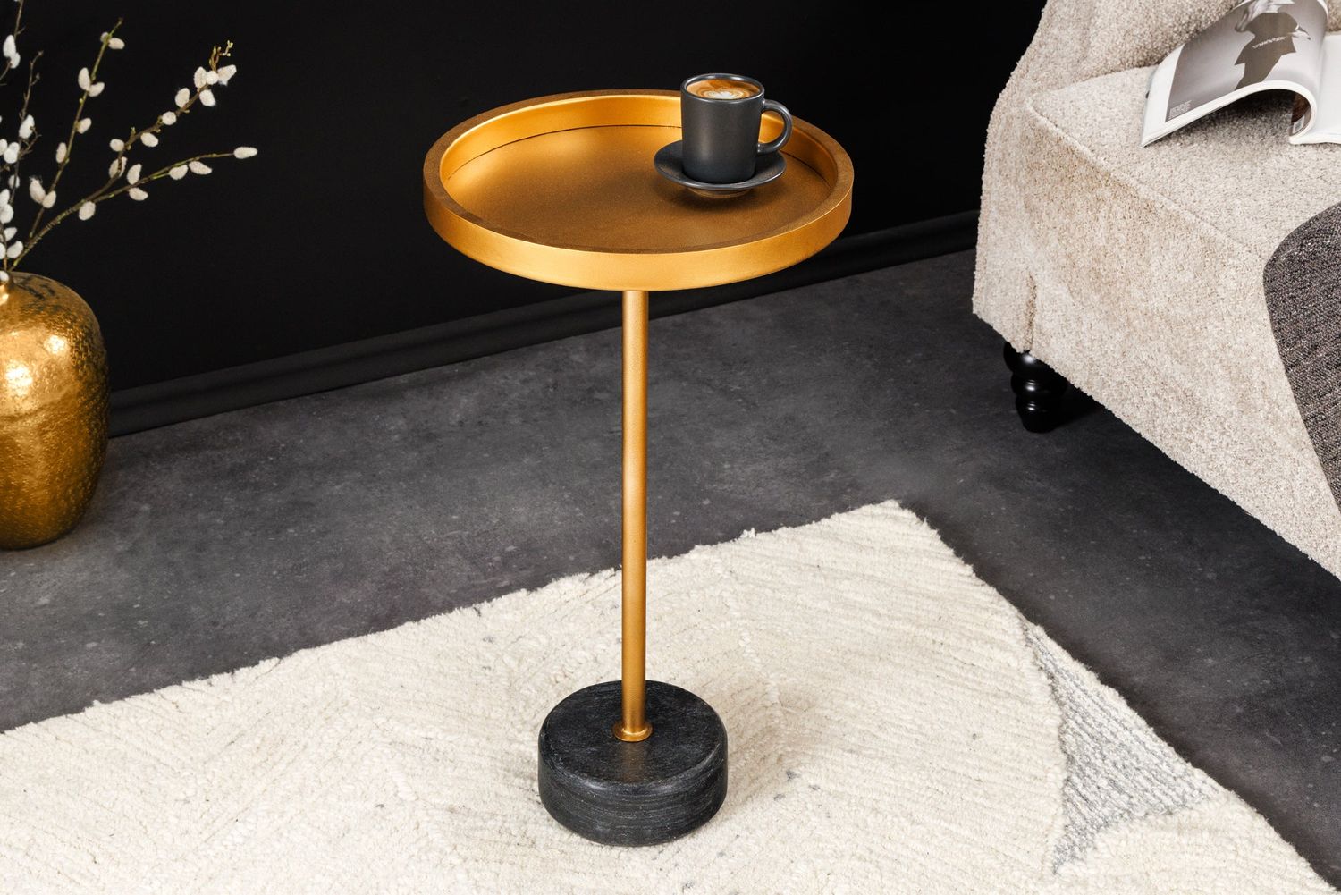 Table d'appoint TRAYFUL 60cm, base en marbre gris, cadre et plateau dorés - 44850