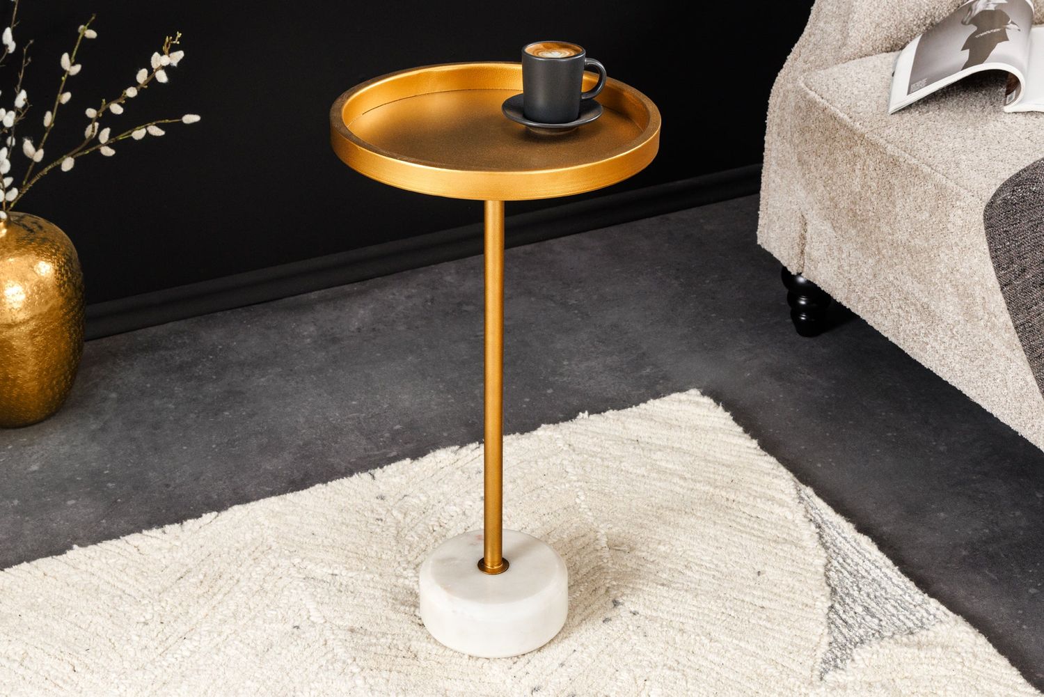 Table d'appoint TRAYFUL 60 cm, base en marbre blanc, cadre et plateau dorés - 44849