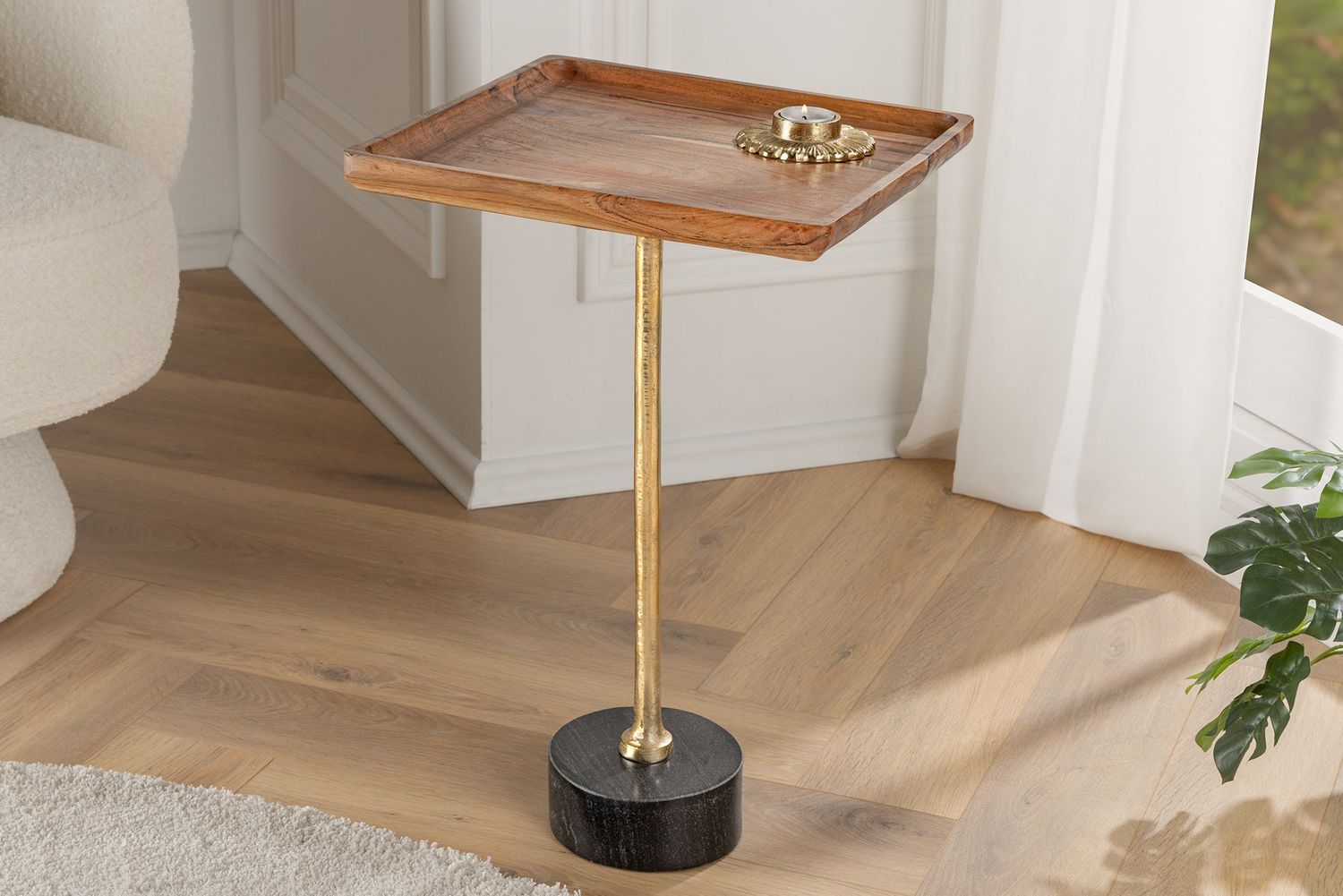 Table d'appoint TRAYFUL carrée de 55 cm, plateau en acacia de 35 cm et base en marbre - 41281