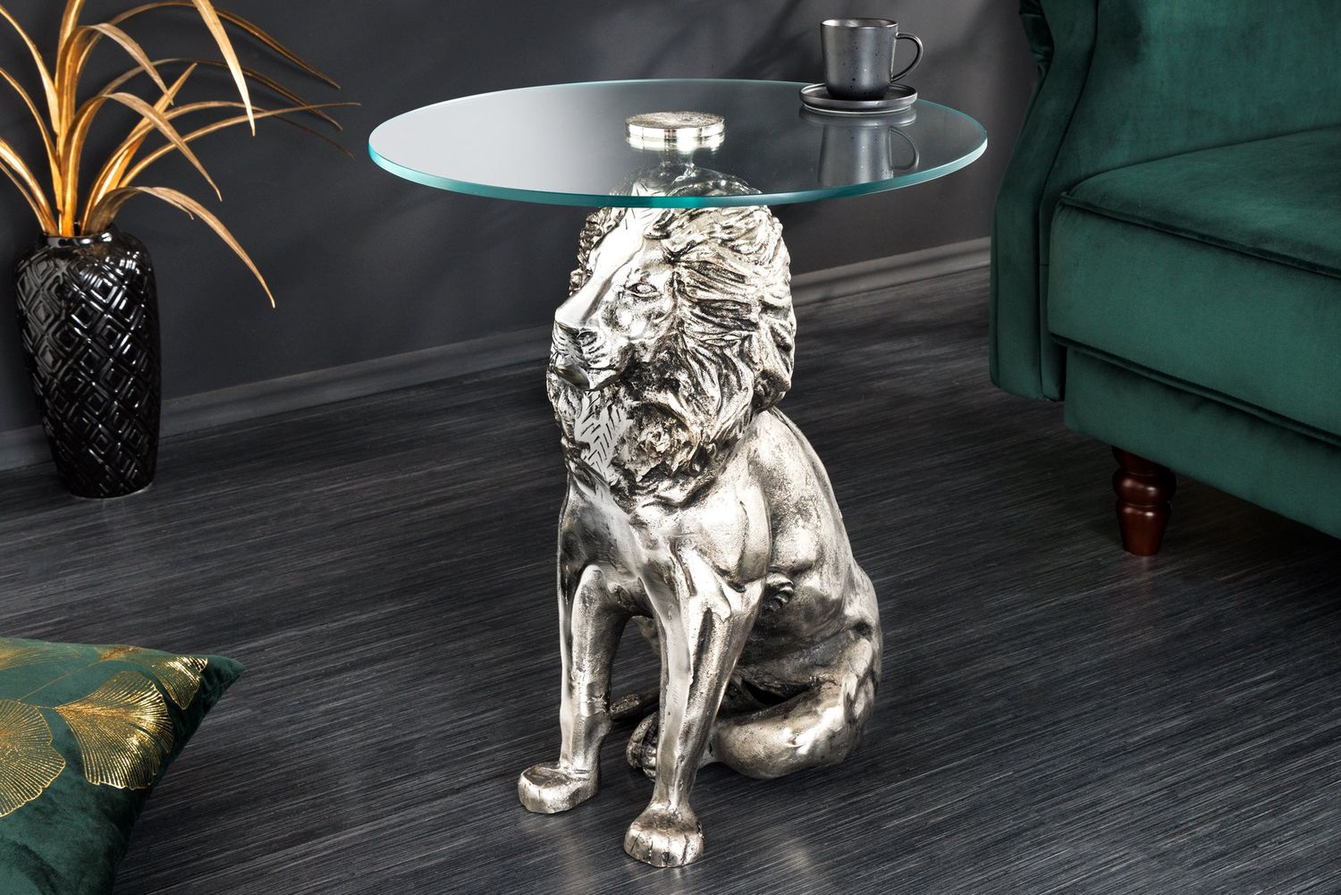 Table d'appoint WILDLIFE LION 60cm argent antique - 44826