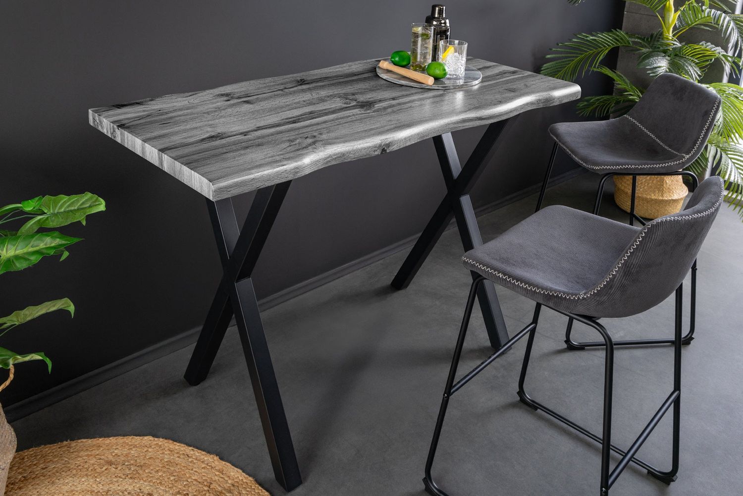 Table de bar WILD, plateau de 120 cm, pieds en X de 40 mm, aspect chêne sauvage gris - 47635
