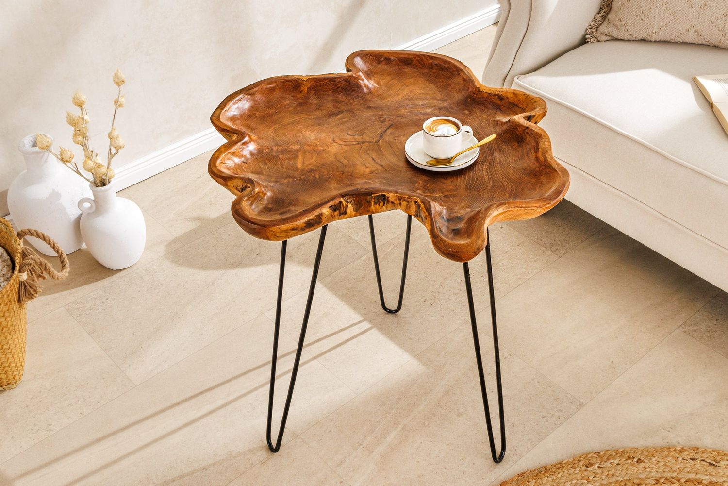 Table d'appoint WILD 65 cm en teck brun naturel avec pieds harpe noirs - 44708