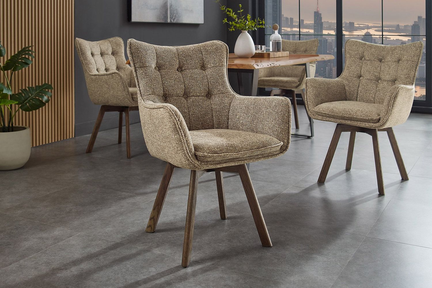 Fauteuil pivotant THOR 360° avec accoudoirs, revêtement en tissu texturé taupe clair et structure en chêne foncé naturel - 47711