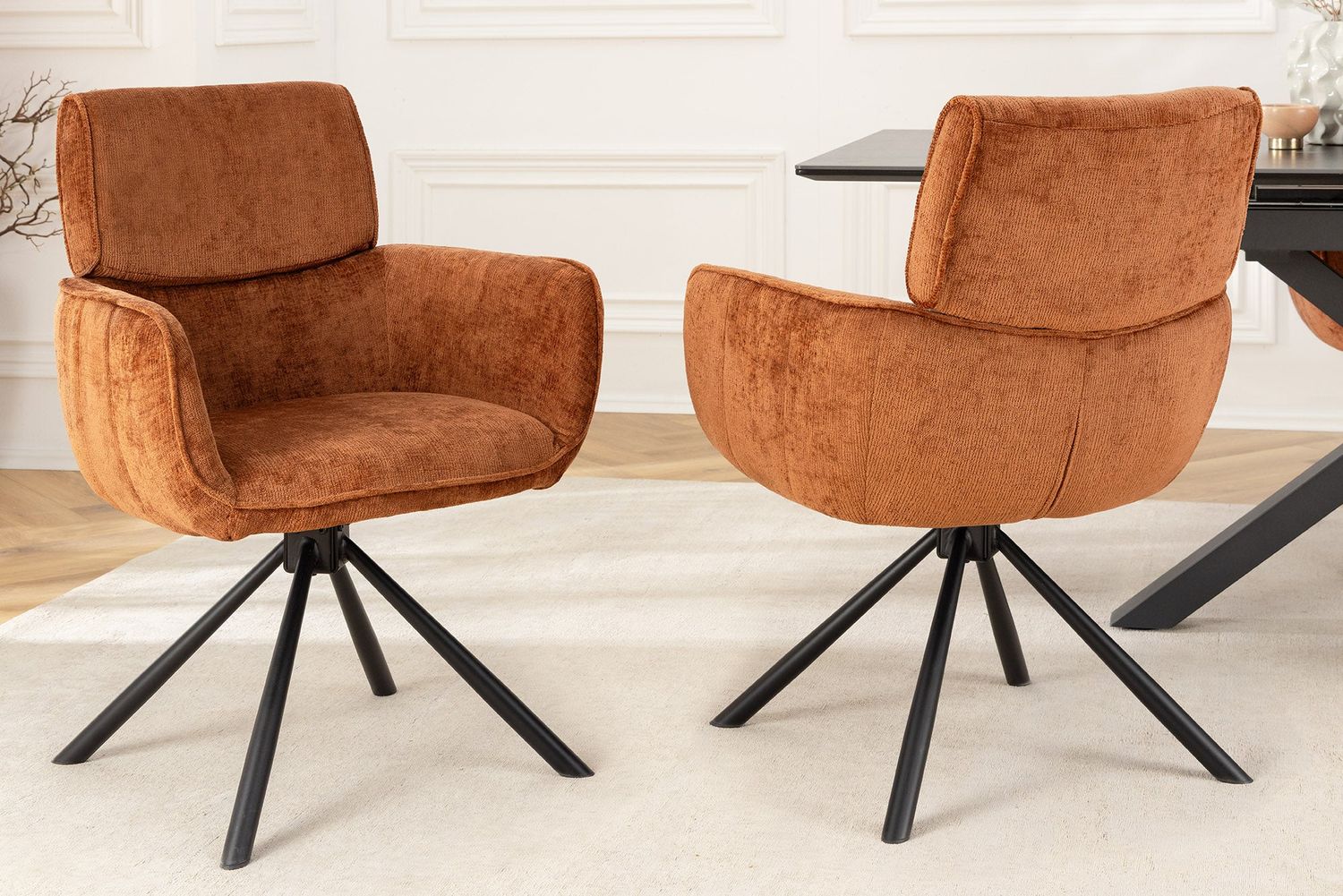 Fauteuil pivotant UNIQUE 180° avec accoudoirs, tissu chenille marron rouille et pieds noirs - 46319